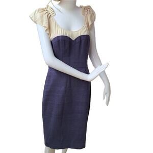 Rebecca Taylor Cream Ruffle Pleat Shoulder Blue Jean Stripe Linen Sheath Dress 0